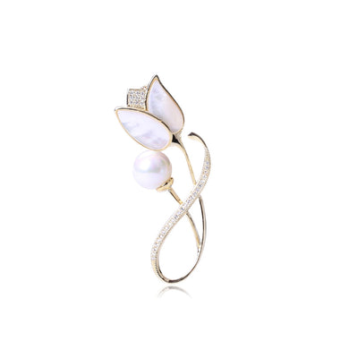 Simple Temperament Plated Gold Tulip Imitation Pearl Brooch with Cubic Zirconia