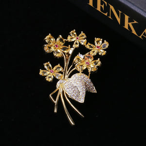 Fashion Bright Plated Gold Flower Brooch with Yellow Cubic Zirconia