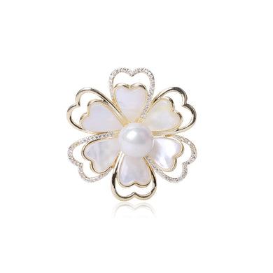 Fashion and Simple Plated Gold Camellia Imitation Pearl Brooch with Cubic Zirconia