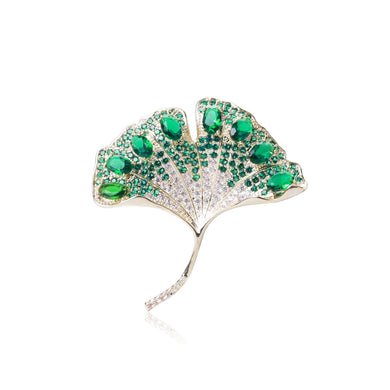 Fashion Bright Plated Gold Ginkgo Leaf Brooch with Green Cubic Zirconia