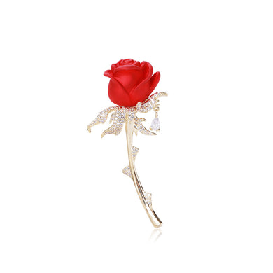 Fashion Temperament Plated Gold Enamel Red Rose Brooch with Cubic Zirconia