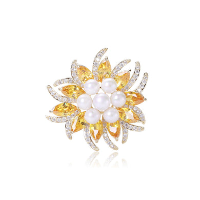 Elegant and Bright Plated Gold Flower Imitation Pearl Brooch with Yellow Cubic Zirconia