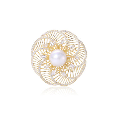 Fashion Temperament Plated Gold Hollow Flower Imitation Pearl Brooch with Cubic Zirconia