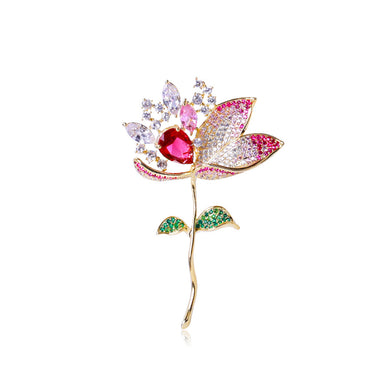 Fashion Bright Plated Gold Lotus Brooch with Purple Cubic Zirconia