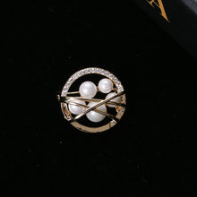 Load image into Gallery viewer, Fashion and Simple Plated Gold Hollow Pattern Geometric Round Imitation Pearl Brooch with Cubic Zirconia