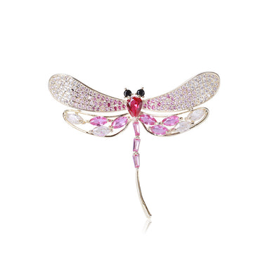 Simple and Cute Plated Gold Dragonfly Brooch with Pink Cubic Zirconia