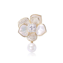 Load image into Gallery viewer, Fashion and Elegant Plated Gold Camellia Imitation Pearl Brooch with Cubic Zirconia
