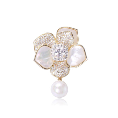 Fashion and Elegant Plated Gold Camellia Imitation Pearl Brooch with Cubic Zirconia