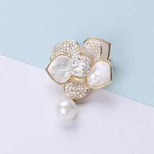 Fashion and Elegant Plated Gold Camellia Imitation Pearl Brooch with Cubic Zirconia