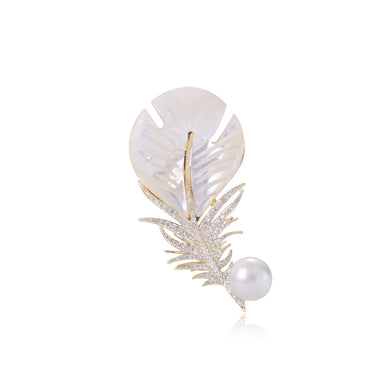 Fashion Creative Plated Gold Feather Imitation Pearl Brooch with Cubic Zirconia