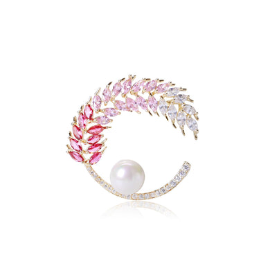 Fashion and Dazzling Plated Gold Wheat Imitation Pearl Brooch with Pink Cubic Zirconia
