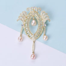 Load image into Gallery viewer, Vintage Elegant Plated Gold Palace Style Geometric Imitation Pearl Tassel Brooch with Cubic Zirconia