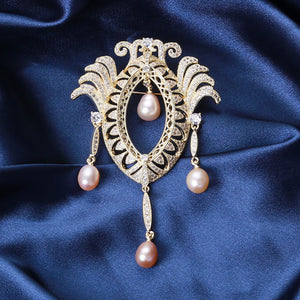 Vintage Elegant Plated Gold Palace Style Geometric Imitation Pearl Tassel Brooch with Cubic Zirconia