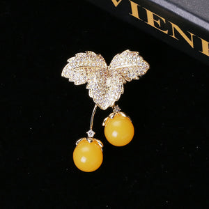 Fashion Sweet Plated Gold Cherry Yellow Imitation Pearl Brooch with Cubic Zirconia