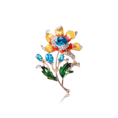 Fashion and Elegant Plated Gold Enamel Flower Brooch with Blue Cubic Zirconia