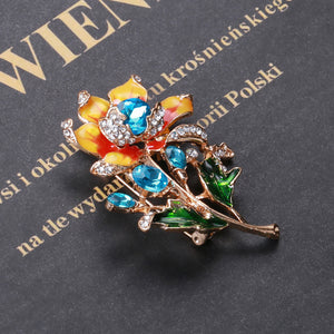 Fashion and Elegant Plated Gold Enamel Flower Brooch with Blue Cubic Zirconia