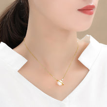 Load image into Gallery viewer, 925 Sterling Silver Plated Gold Fashion Creative Planet Freshwater Pearl Pendant with Cubic Zirconia and Necklace