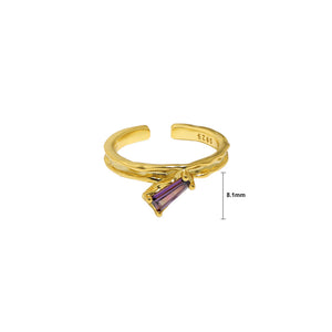 925 Sterling Silver Plated Gold Simple Fashion Irregular Geometric Adjustable Opening Ring with Purple Cubic Zirconia