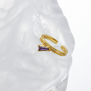 925 Sterling Silver Plated Gold Simple Fashion Irregular Geometric Adjustable Opening Ring with Purple Cubic Zirconia