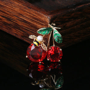 Fashion Sweet Plated Gold Cherry Bee Brooch with Red Cubic Zirconia