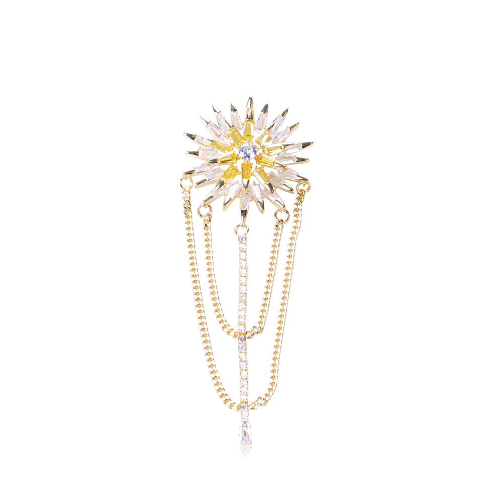 Fashion and Elegant Plated Gold Sunflower Tassel Brooch with Cubic Zirconia