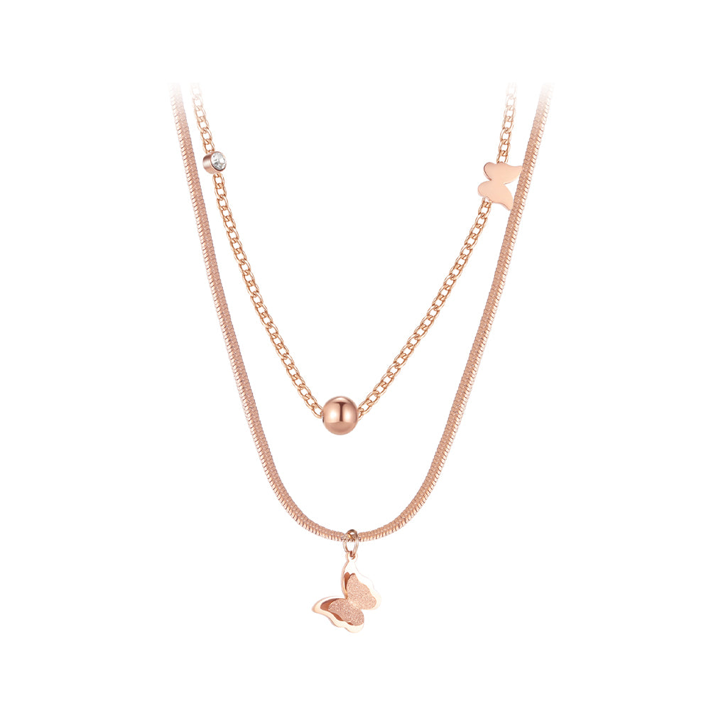 Fashion and Elegant Plated Rose Gold 316L Stainless Steel Butterfly Pendant with Cubic Zirconia and Double Necklace