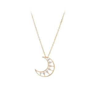 925 Sterling Silver Plated Gold Fashion Simple Hollow Moon Pendant with Cubic Zirconia and Necklace