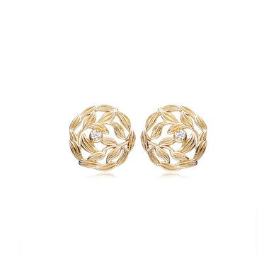 925 Sterling Silver Plated Gold Fashion Simple Leaf Geometric Round Stud Earrings with Cubic Zirconia