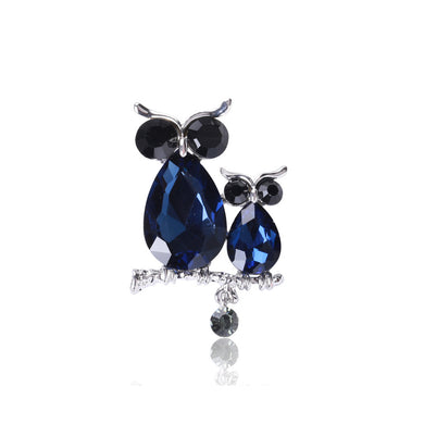 Simple and Cute Double Owl Brooch with Blue Cubic Zirconia
