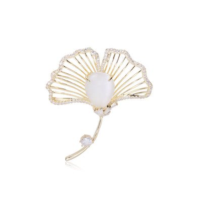 Fashion and Simple Plated Gold Hollow Ginkgo Leaf Brooch with Cubic Zirconia
