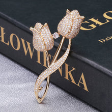 Load image into Gallery viewer, Fashion and Elegant Plated Gold Double Tulip Brooch with Cubic Zirconia