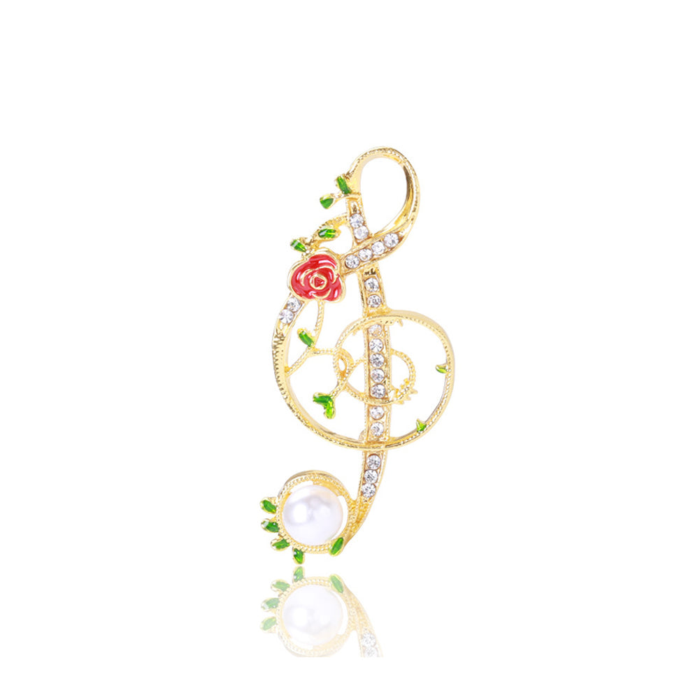 Fashion Simple Plated Gold Rose Musical Note Imitation Pearl Brooch with Cubic Zirconia