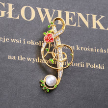 Load image into Gallery viewer, Fashion Simple Plated Gold Rose Musical Note Imitation Pearl Brooch with Cubic Zirconia