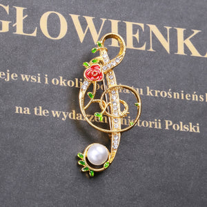 Fashion Simple Plated Gold Rose Musical Note Imitation Pearl Brooch with Cubic Zirconia