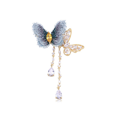 Fashion and Elegant Plated Gold Double Butterfly Tassel Brooch with Cubic Zirconia