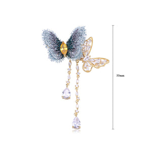 Fashion and Elegant Plated Gold Double Butterfly Tassel Brooch with Cubic Zirconia