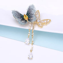 Load image into Gallery viewer, Fashion and Elegant Plated Gold Double Butterfly Tassel Brooch with Cubic Zirconia