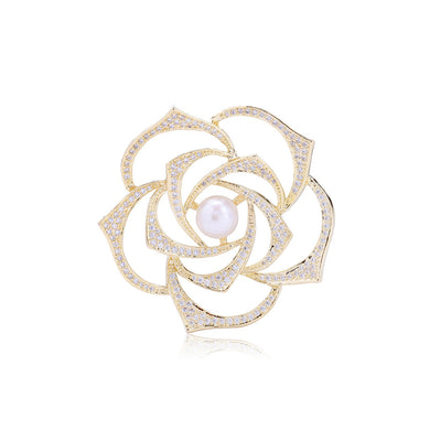 Elegant Temperament Plated Gold Hollow Rose Imitation Pearl Brooch with Cubic Zirconia