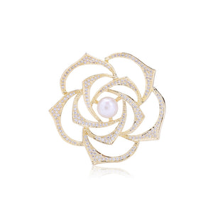 Elegant Temperament Plated Gold Hollow Rose Imitation Pearl Brooch with Cubic Zirconia