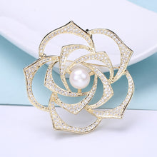 Load image into Gallery viewer, Elegant Temperament Plated Gold Hollow Rose Imitation Pearl Brooch with Cubic Zirconia