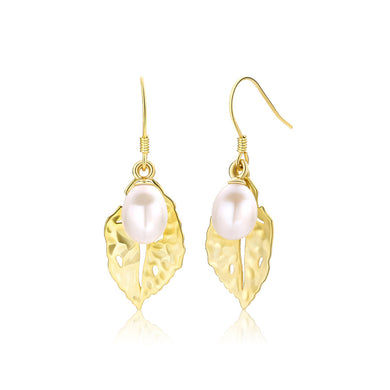 925 Sterling Silver Plated Gold Fashion Temperament Leaf Freshwater Pearl Earrings