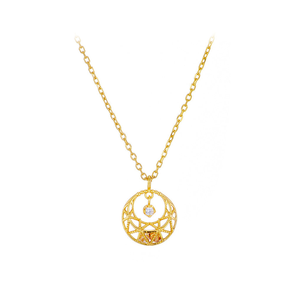925 Sterling Silver Plated Gold Fashion Simple Hollow Pattern Geometric Round Pendant with Cubic Zirconia and Necklace