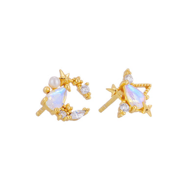925 Sterling Silver Plated Gold Simple Fashion Moon Star Quartz Asymmetric Stud Earrings with Cubic Zirconia