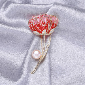 Fashion Temperament Plated Gold Enamel Pink Hibiscus Imitation Pearl Brooch with Cubic Zirconia