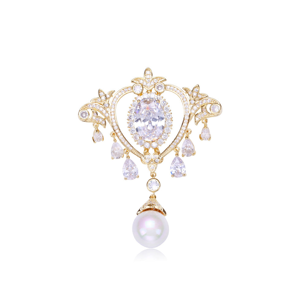 Elegant Court Plated Gold Crown Tassel Imitation Pearl Brooch with Cubic Zirconia