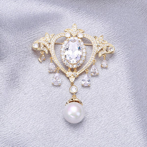 Elegant Court Plated Gold Crown Tassel Imitation Pearl Brooch with Cubic Zirconia