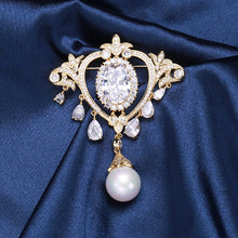 Load image into Gallery viewer, Elegant Court Plated Gold Crown Tassel Imitation Pearl Brooch with Cubic Zirconia