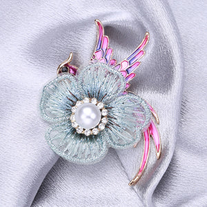 Fashion and Elegant Plated Gold Enamel Purple Phoenix Flower Imitation Pearl Brooch with Cubic Zirconia