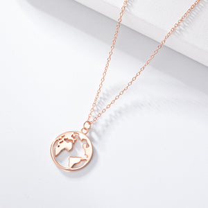 925 Sterling Silver Plated Rose Gold Fashion Simple Hollow World Map Geometric Pendant with Necklace