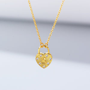 925 Sterling Silver Plated Gold Fashion Simple Heart Lock Pendant with Cubic Zirconia and Necklace